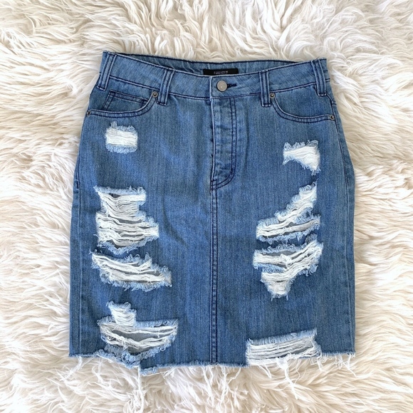 Forever 21 Dresses & Skirts - Forever 21 Blue Distressed Denim Skirt